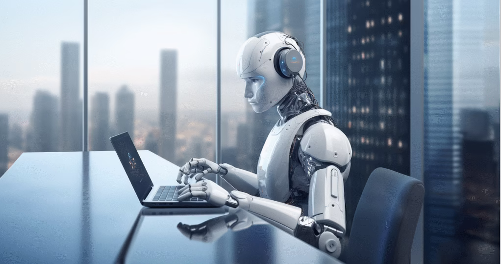 Humanoid robot working on a laptop in a modern office, symbolizing AI-powered recruitment automation and candidate engagement with Rolling Arrays REO.