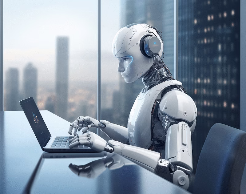 Humanoid robot working on a laptop in a modern office, symbolizing AI-powered recruitment automation and candidate engagement with Rolling Arrays REO.